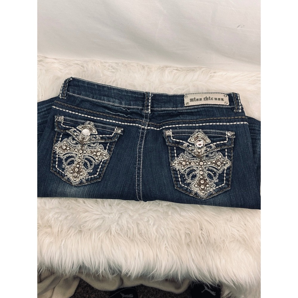 Miss Chic USA Dark Wash Rhinestone Cross Bootcut Jeans Y2K Embellished Denim